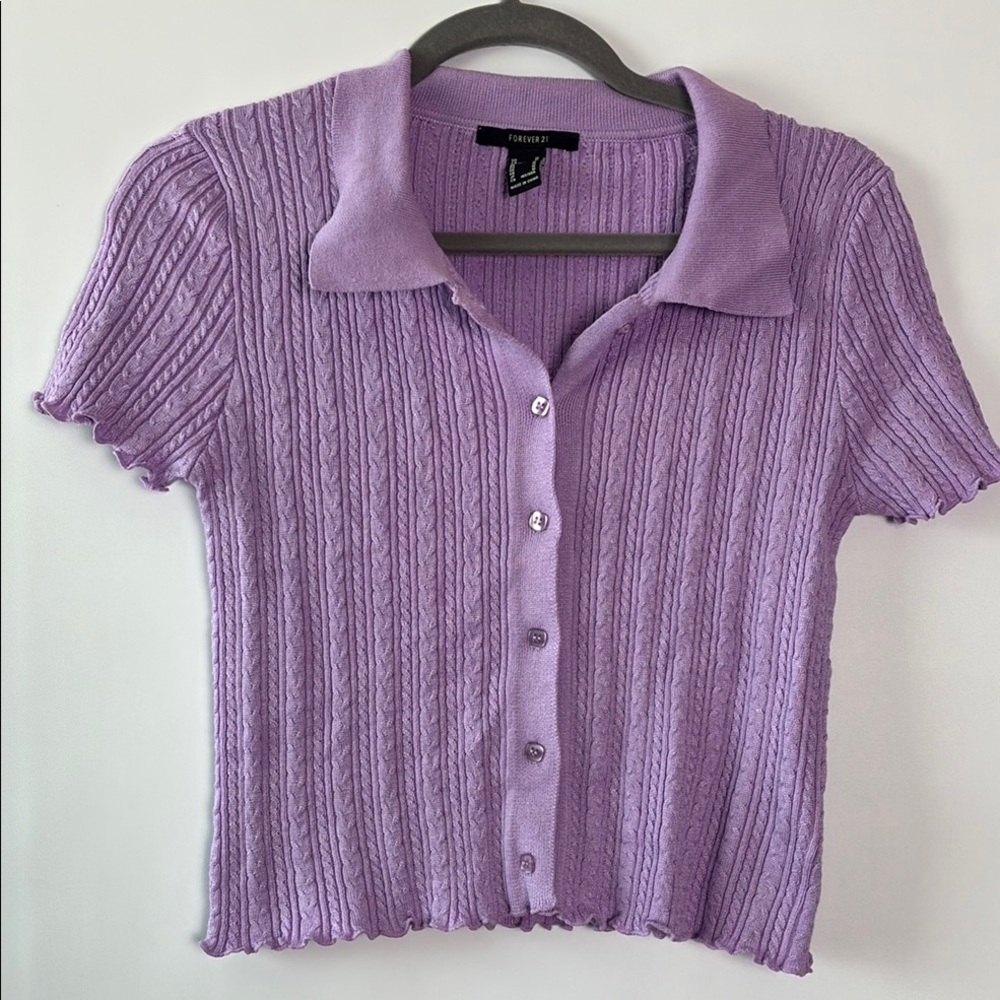 Lavender Ribbed Button Down Cropped Knit Blouse Shirt by Forever 21